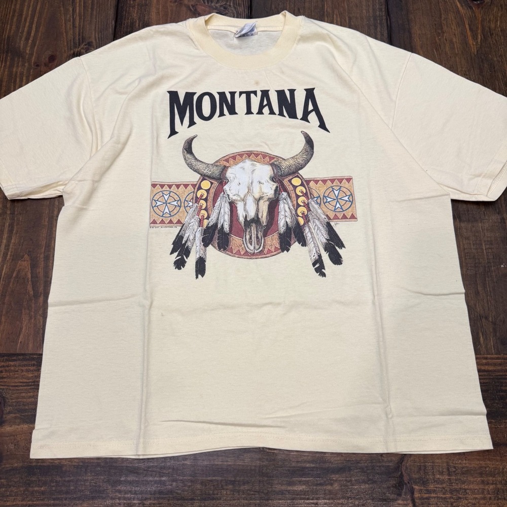 Vintage 1997 Montana Steer Skull T Shirt Hanes Heavyweight XL Cream Southwestern